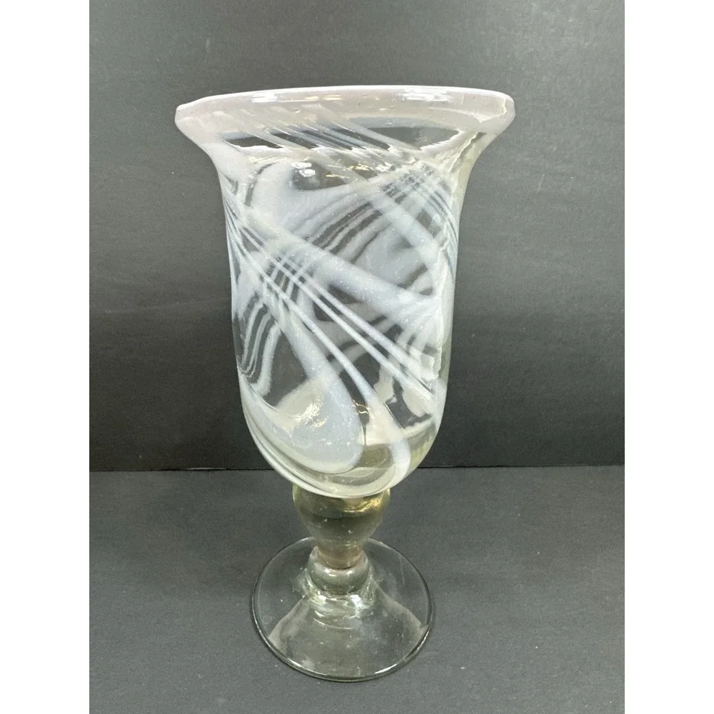 Hurricane/Celery Pedestal Vase/Goblet Pink Opaque Cloudy Swirl 7.75